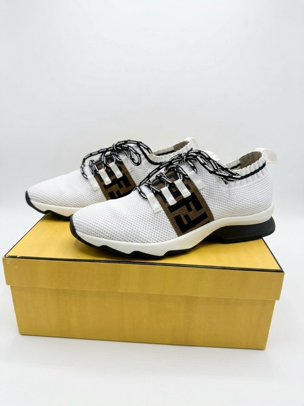 Brand New Fendi White Knit Sneakers with Brown FF Logo Strap